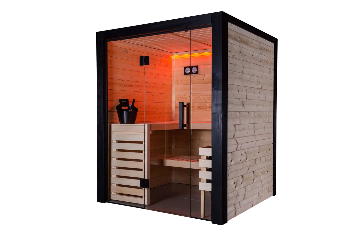 Almost Heaven Nordik indoor sauna with black frame, glass doors, cedar wood interior, infrared heating elements glowing orang