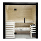 Almost Heaven Nordik indoor sauna with light wood construction, glass door, white and natural wood benches, black heater cont
