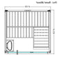 Nordik small sauna floor plan with left door entry, vertical slat interior walls, bench seating, and storage shelves, dimensi