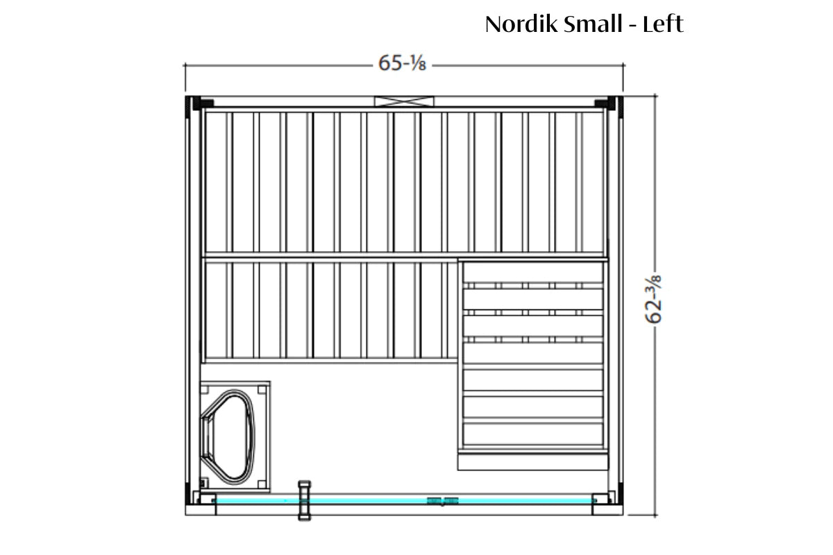 Nordik small sauna floor plan with left door entry, vertical slat interior walls, bench seating, and storage shelves, dimensi