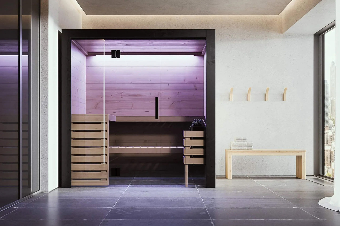 Almost Heaven Nordik indoor sauna with cedar wood interior, purple LED lighting, glass doors, and black frame in modern spa s