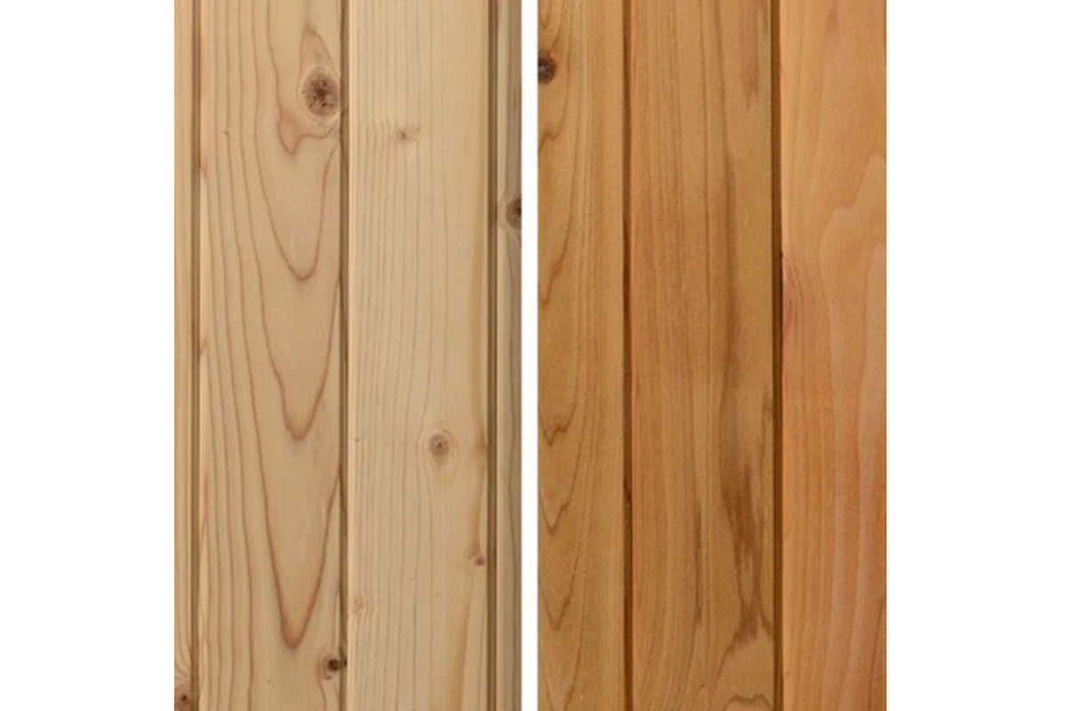 Light pine and warm cedar wood sauna interior paneling with vertical grain detail and natural knots, flat lay comparison
