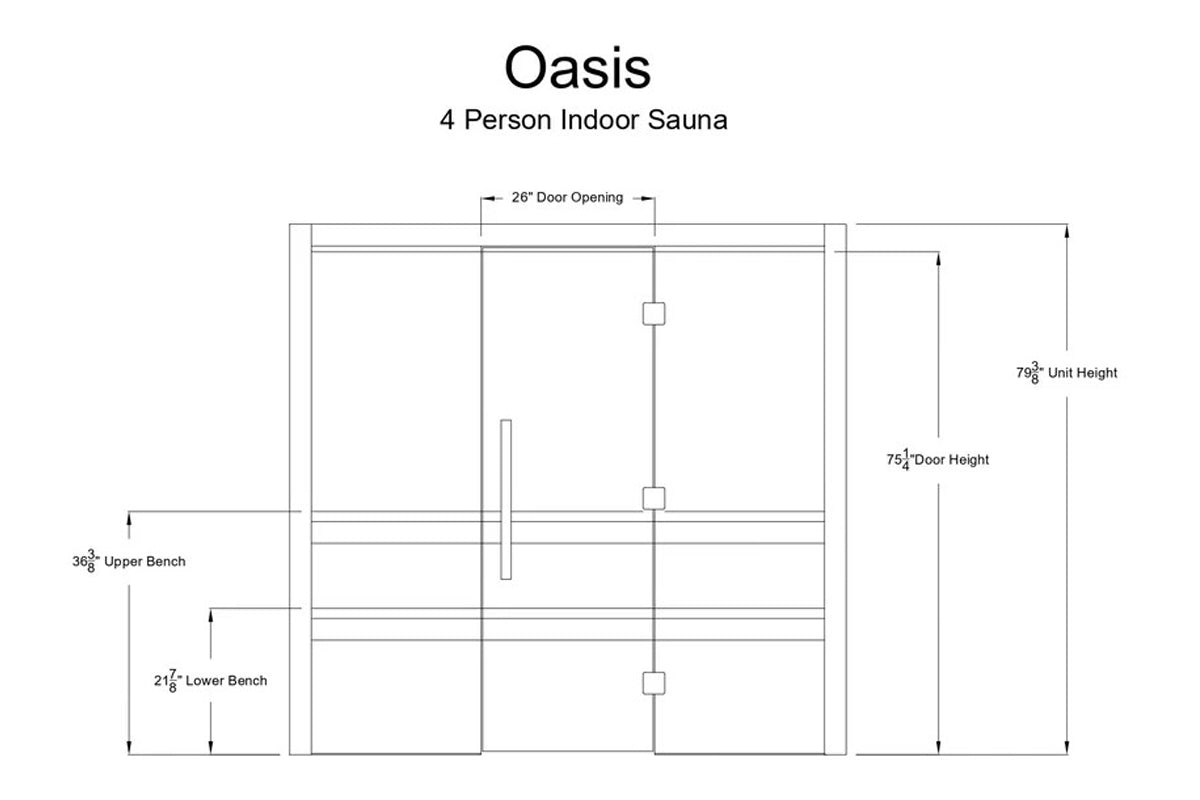 Technical schematic of Oasis 4-person indoor sauna showing interior dimensions, bench layout, door opening, and height specif