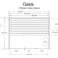 Oasis 4-person indoor sauna floor plan showing dimensions, glass front, dual benches, and heater placement