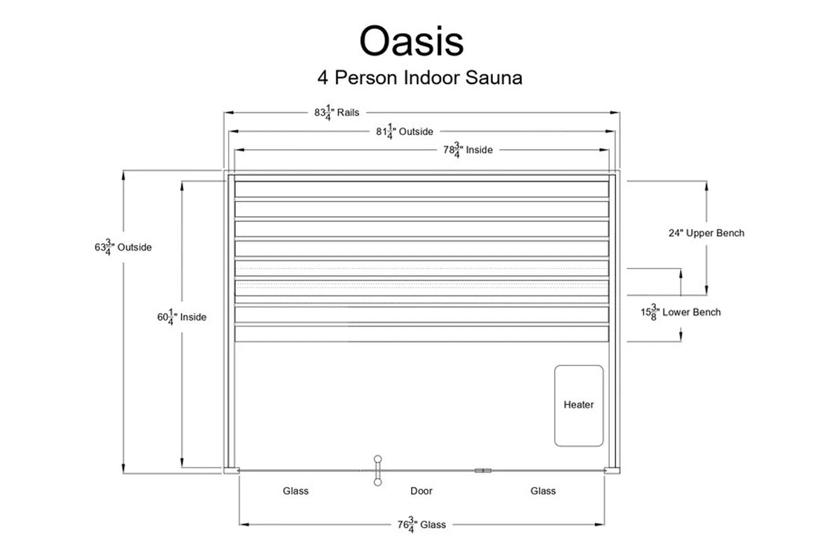 Oasis 4-person indoor sauna floor plan showing dimensions, glass front, dual benches, and heater placement