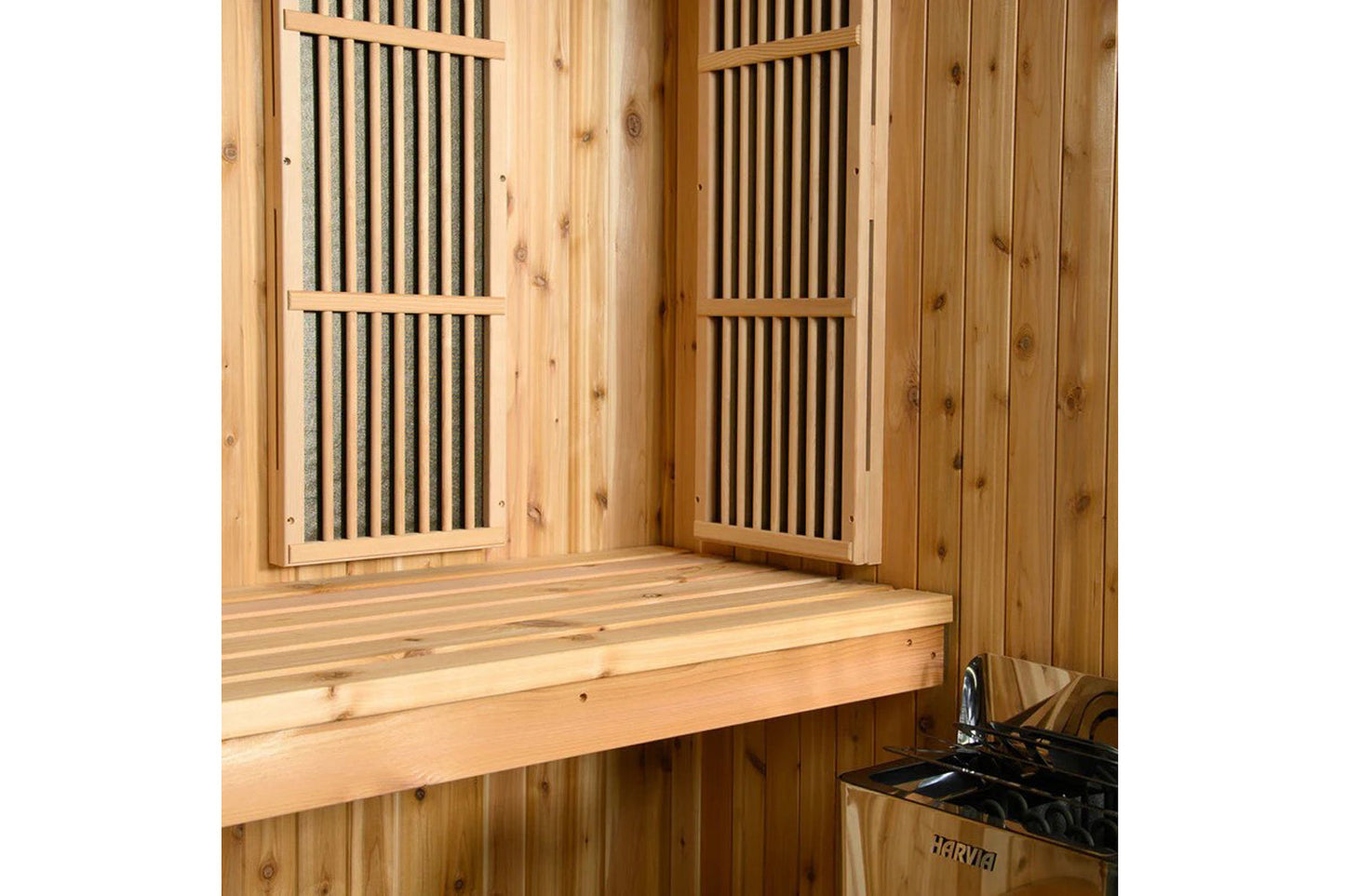 Natural wood sauna interior with two hinged glass doors featuring vertical slats, wooden bench seating, and heater visible in