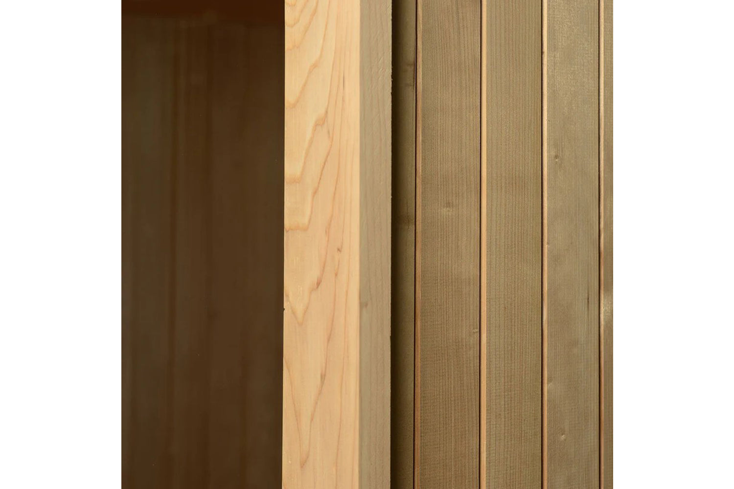 Wood sauna interior showing dark and light wood finishes with vertical paneling in flat lay