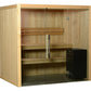 Light wood sauna with glass front doors, wooden bench seating, vertical paneling walls, and black heater unit on right side