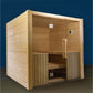Light wood 6-person sauna with glass door and bench seating, shown against blue background