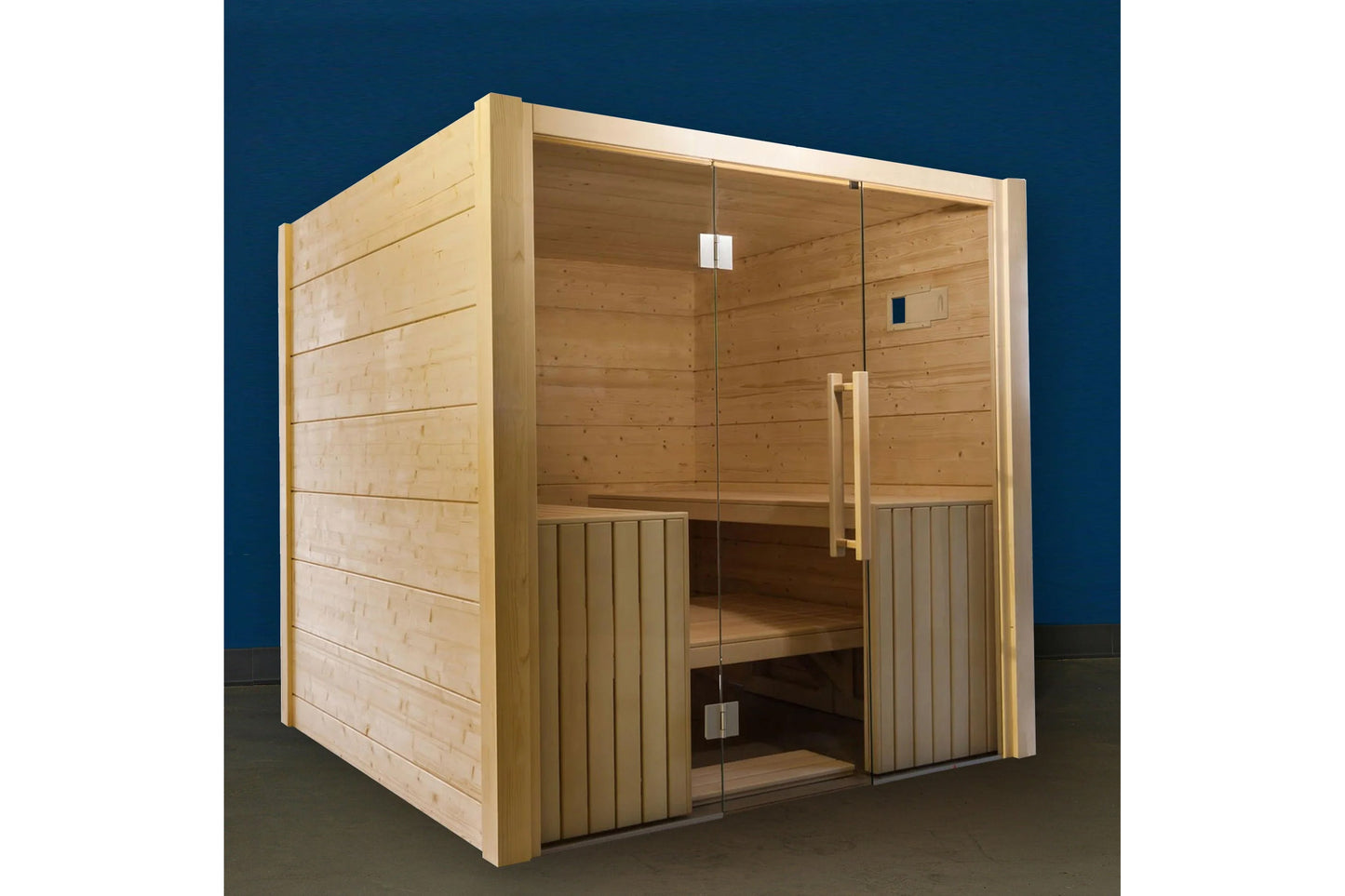 Light wood 6-person sauna with glass door and bench seating, shown against blue background