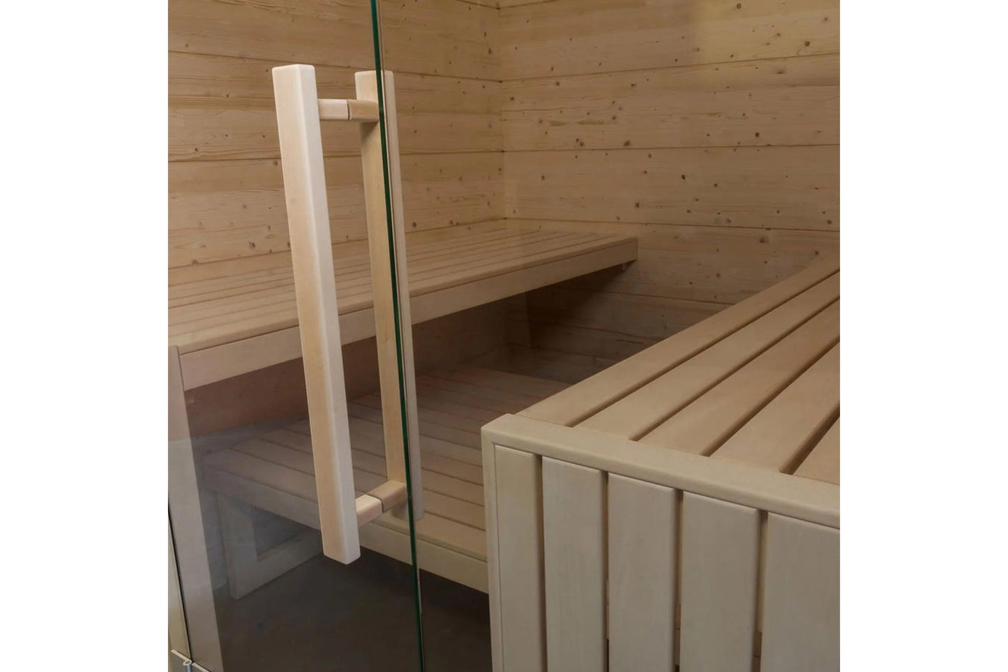 Almost Heaven Olympus 6-person sauna interior with light wood construction, glass door, wooden benches, and white handle on g