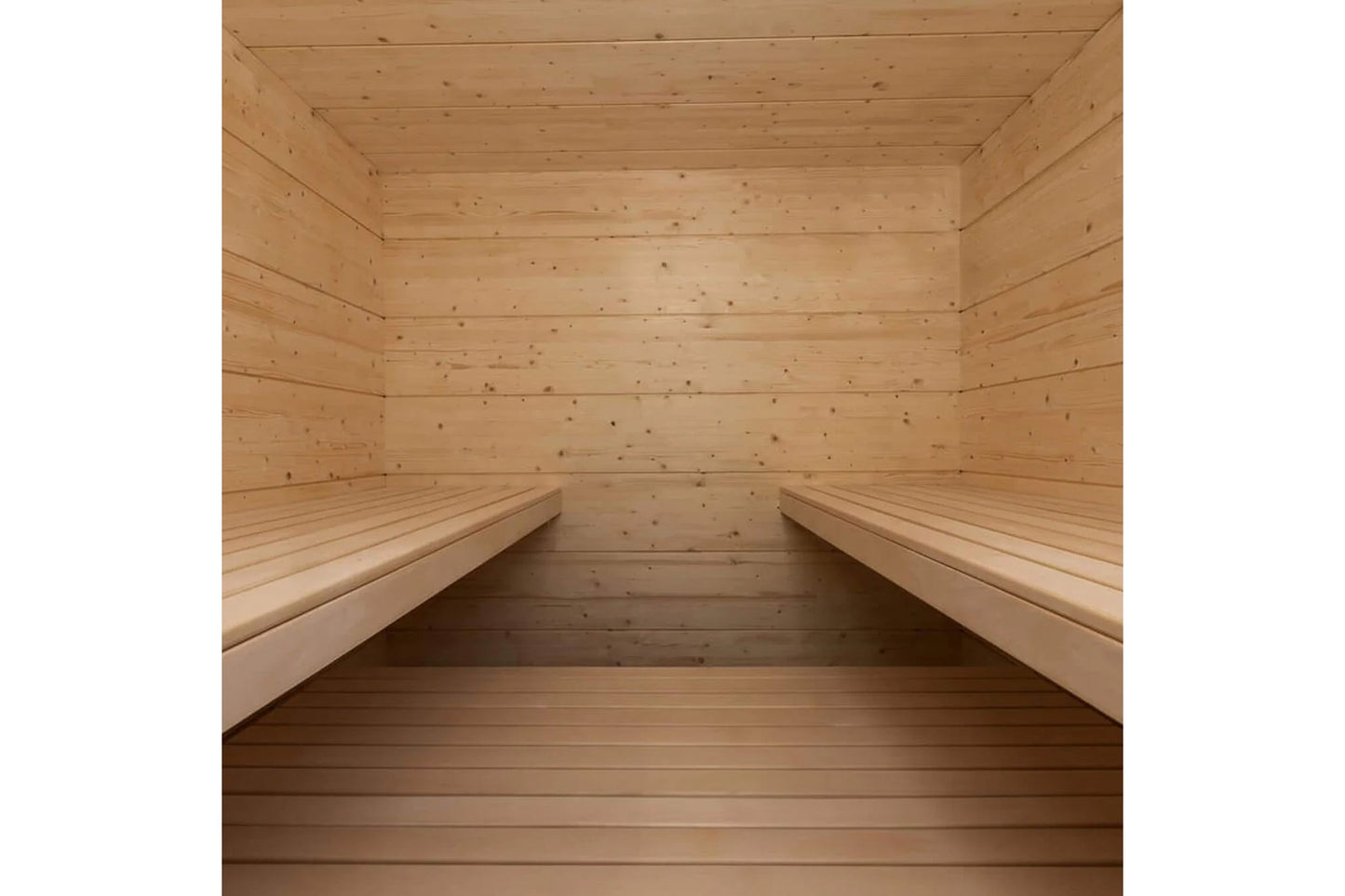 Almost Heaven Olympus 6-person sauna interior with light wood benches and walls, viewed from entrance