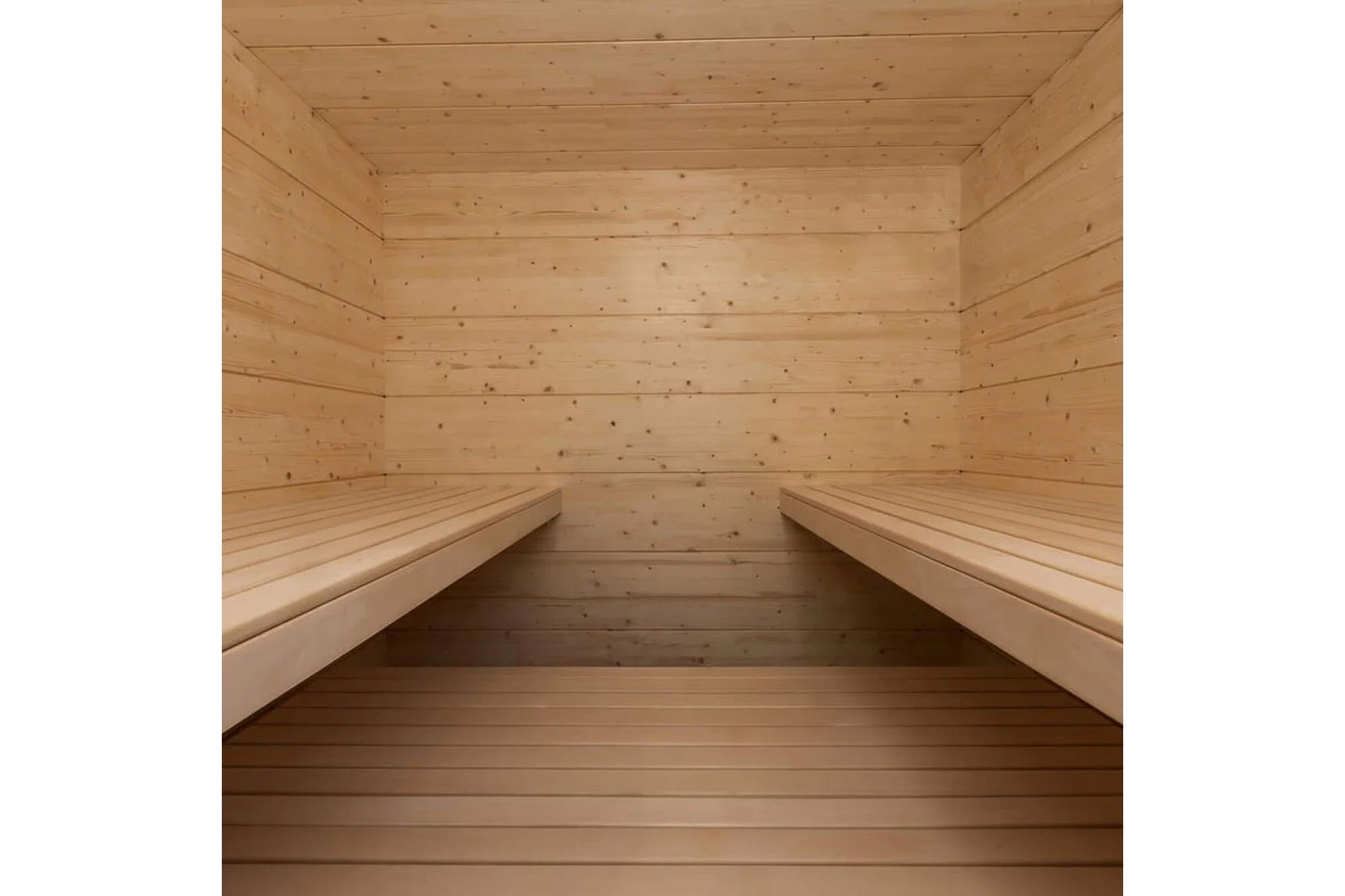 Almost Heaven Olympus 6-person sauna interior with light wood benches and walls, viewed from entrance