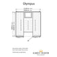 Olympus 6-person sauna floor plan with dimensions, showing vertical wood paneling, two benches, window, and door on white bac