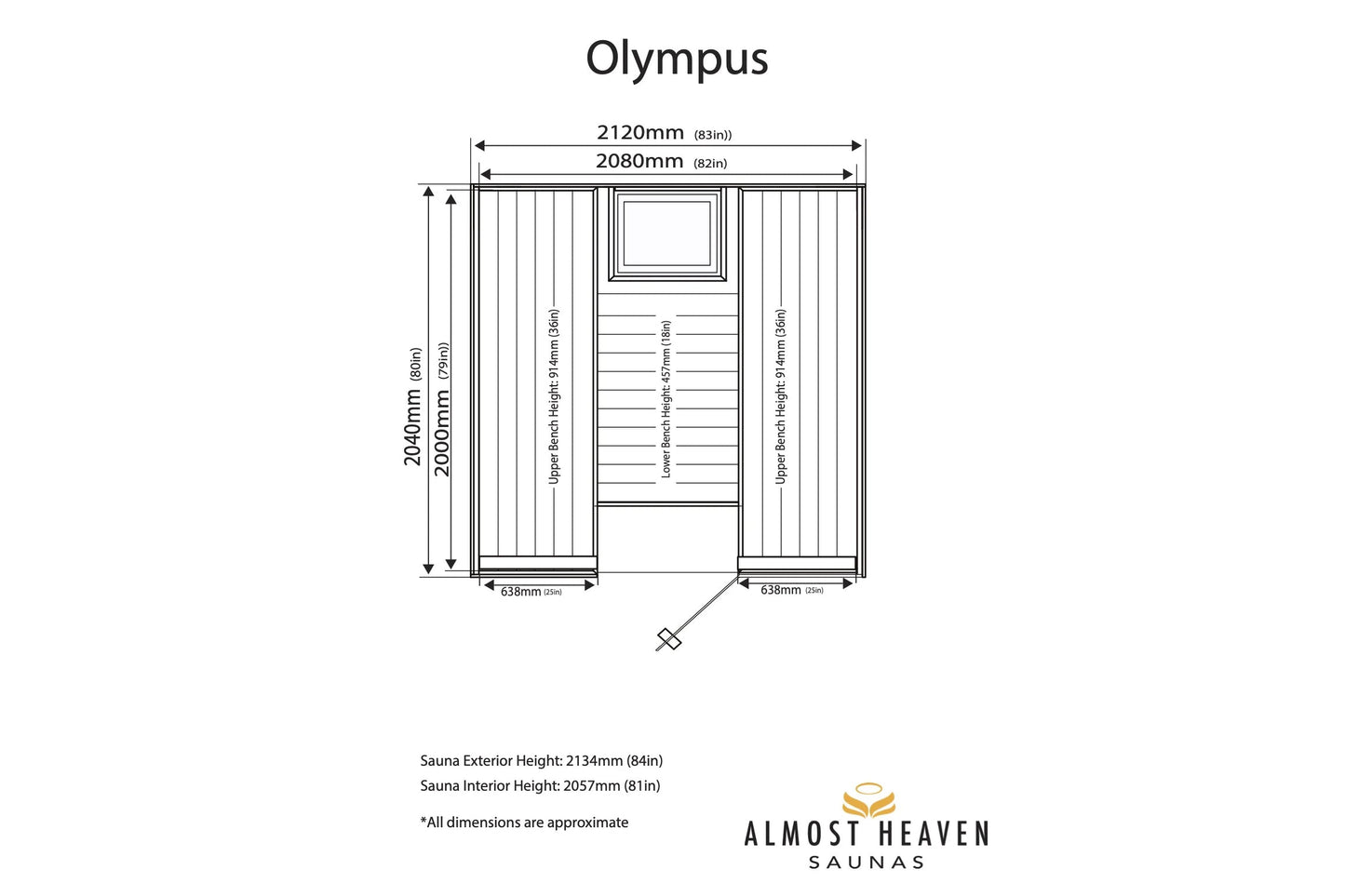 Olympus 6-person sauna floor plan with dimensions, showing vertical wood paneling, two benches, window, and door on white bac