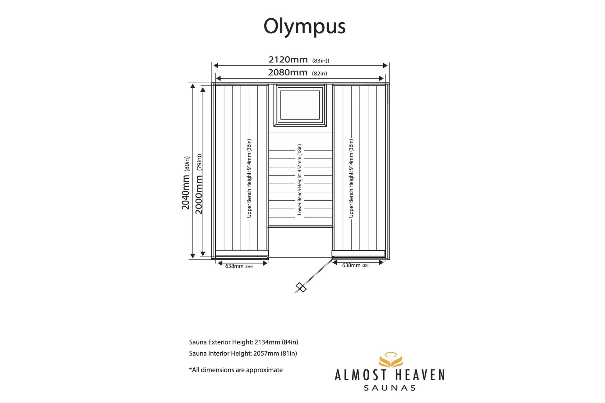 Olympus 6-person sauna floor plan with dimensions, showing vertical wood paneling, two benches, window, and door on white bac