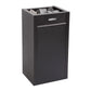 Harvia black sauna heater with gray stones in open top basin on white background
