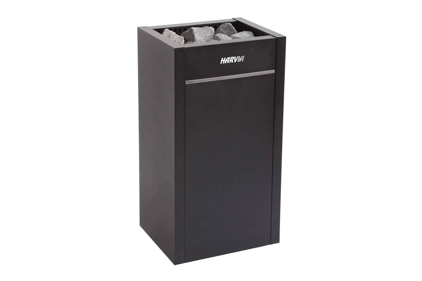 Harvia black sauna heater with gray stones in open top basin on white background