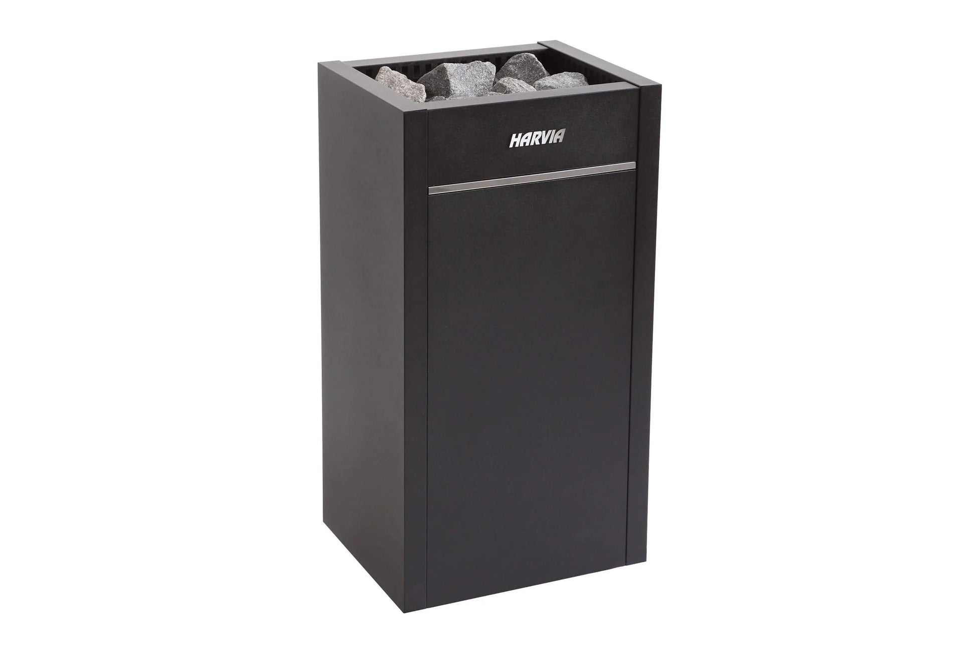 Harvia black sauna heater with gray stones in open top basin on white background