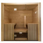 Light wood sauna interior with two bench seats facing each other, glass door, wooden walls, and ceiling vent on white backgro