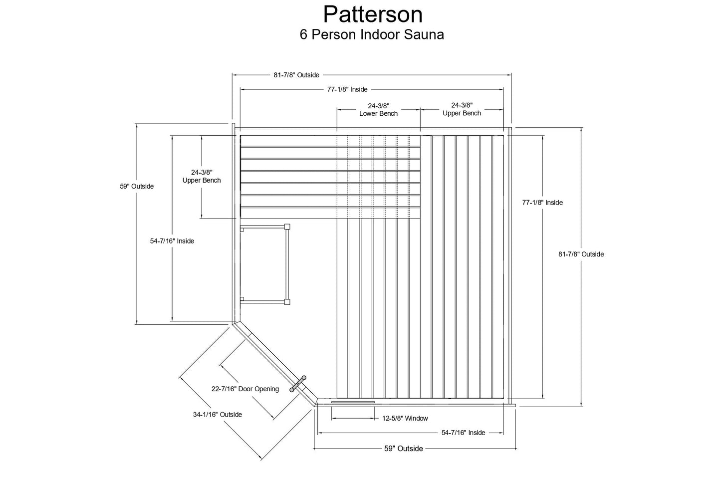 Technical blueprint schematic of 6-person indoor sauna with labeled dimensions, interior benches, door opening, and window pl