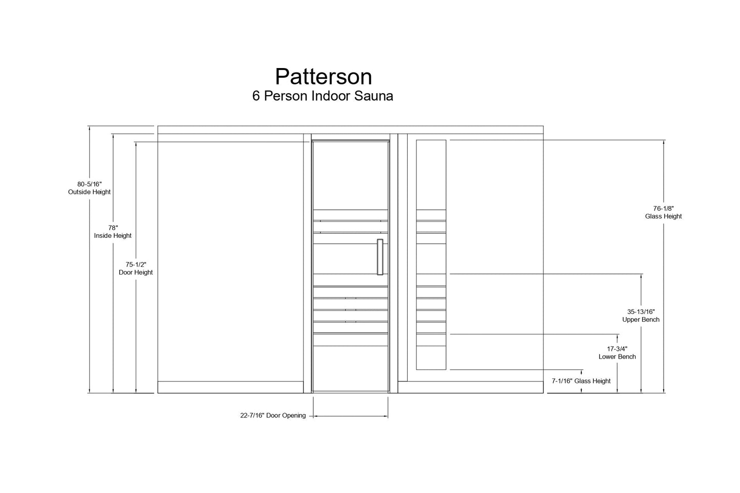 Patterson 6-person indoor corner sauna with technical specifications including dimensions, door opening, and bench heights on