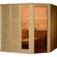 Light wood corner sauna with glass doors and orange cedar interior, featuring wooden benches and metal hardware on white back
