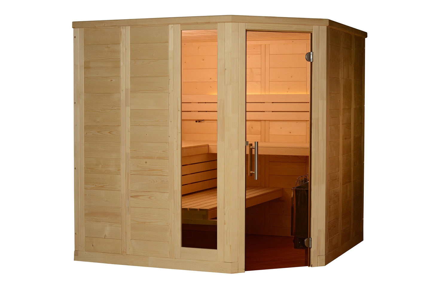 Light wood corner sauna with glass doors and orange cedar interior, featuring wooden benches and metal hardware on white back