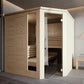 Light wood corner sauna with glass door panel and wooden bench seating inside, shown in modern bathroom setting