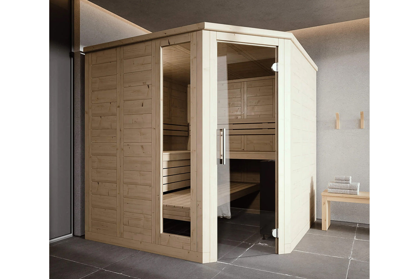 Light wood corner sauna with glass door panel and wooden bench seating inside, shown in modern bathroom setting
