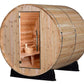 Barrel-shaped wooden sauna with cedar construction, open door revealing interior benches and wooden ladle, mounted on black s