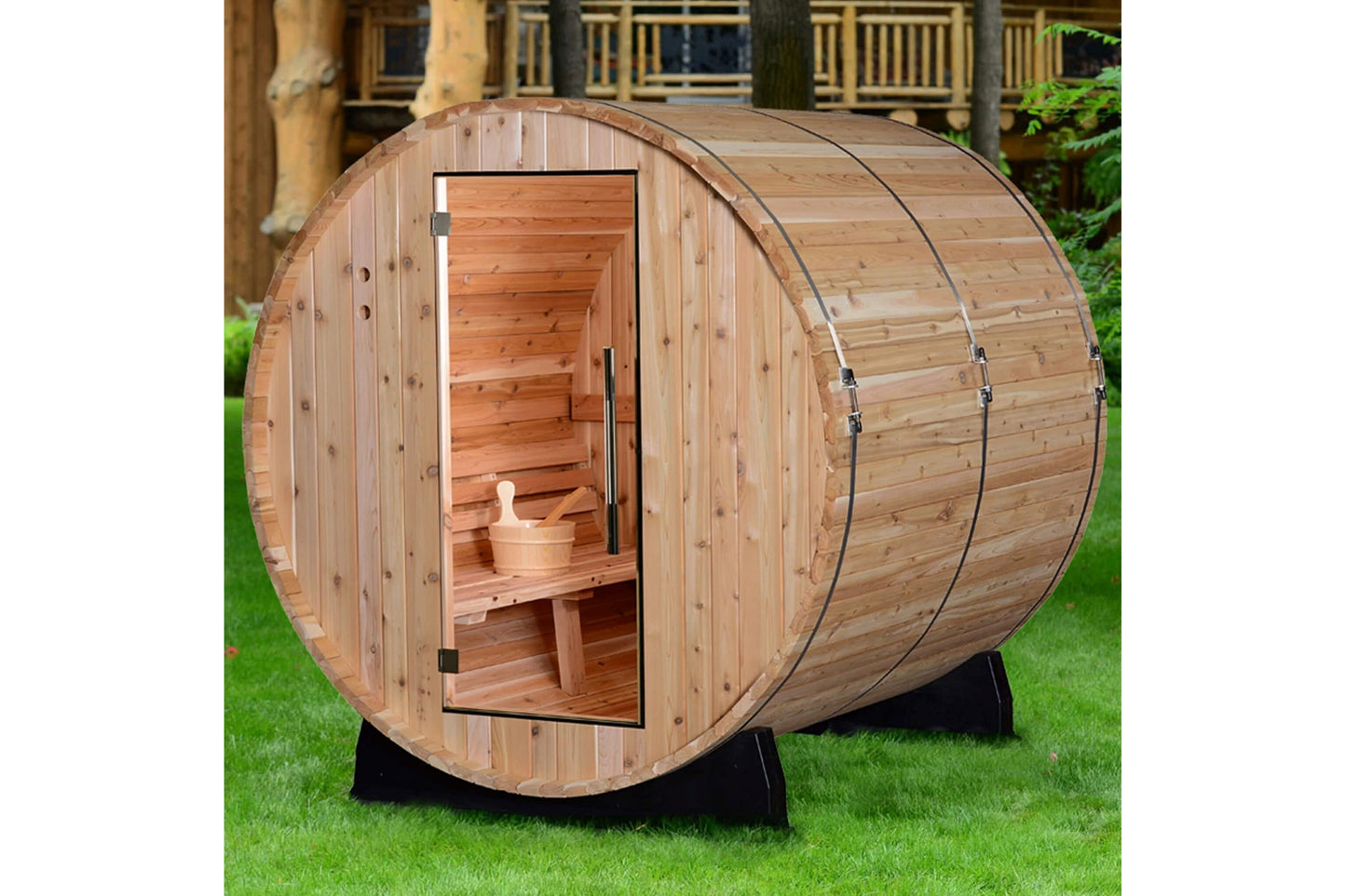 Almost Heaven Pinnacle barrel sauna in natural wood with open glass door revealing interior wooden benches and accessories, o