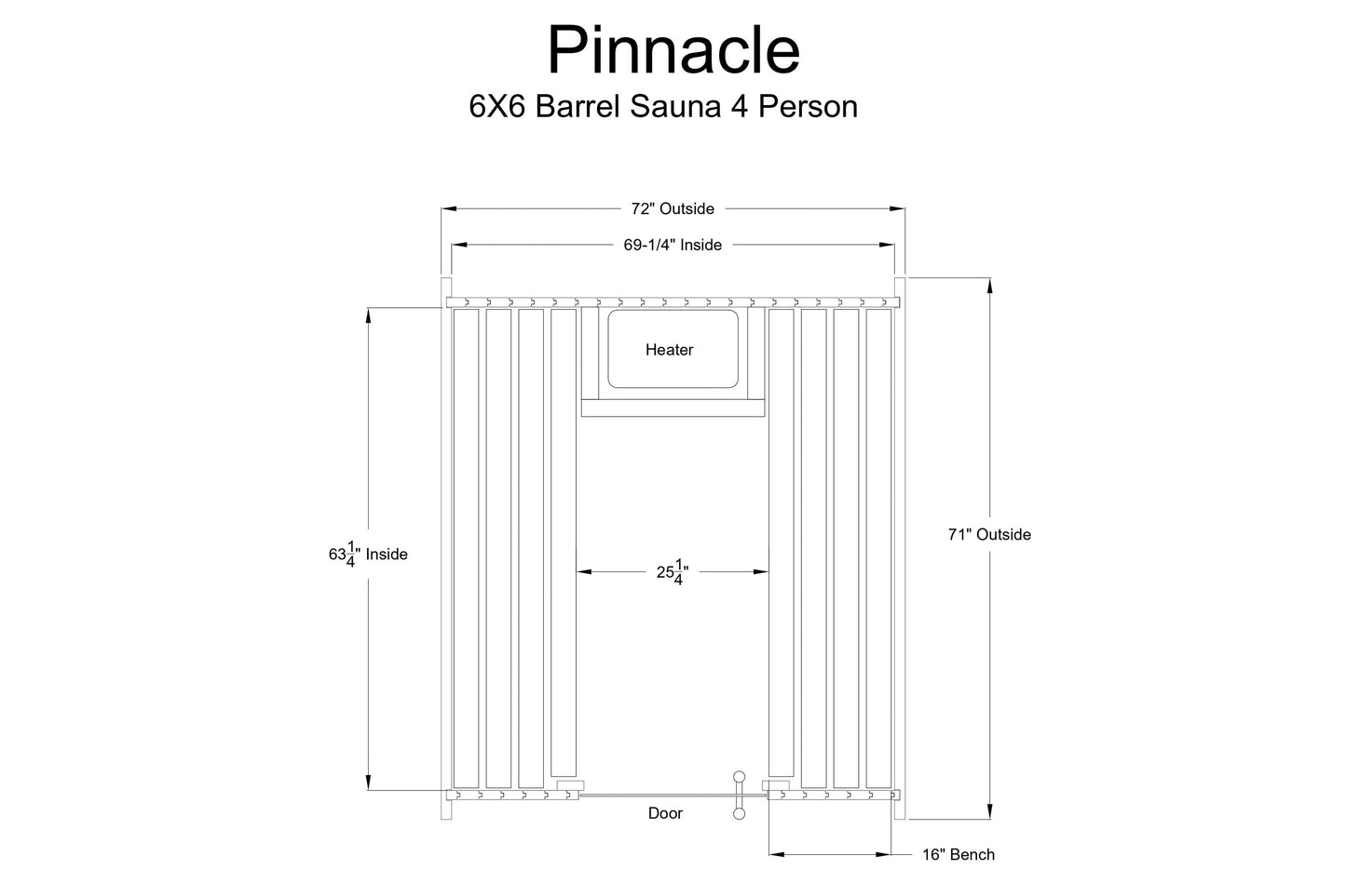 Pinnacle 6x6 barrel sauna interior schematic showing 72" outside width, 71" height, heater unit, door, and 16" bench with lab