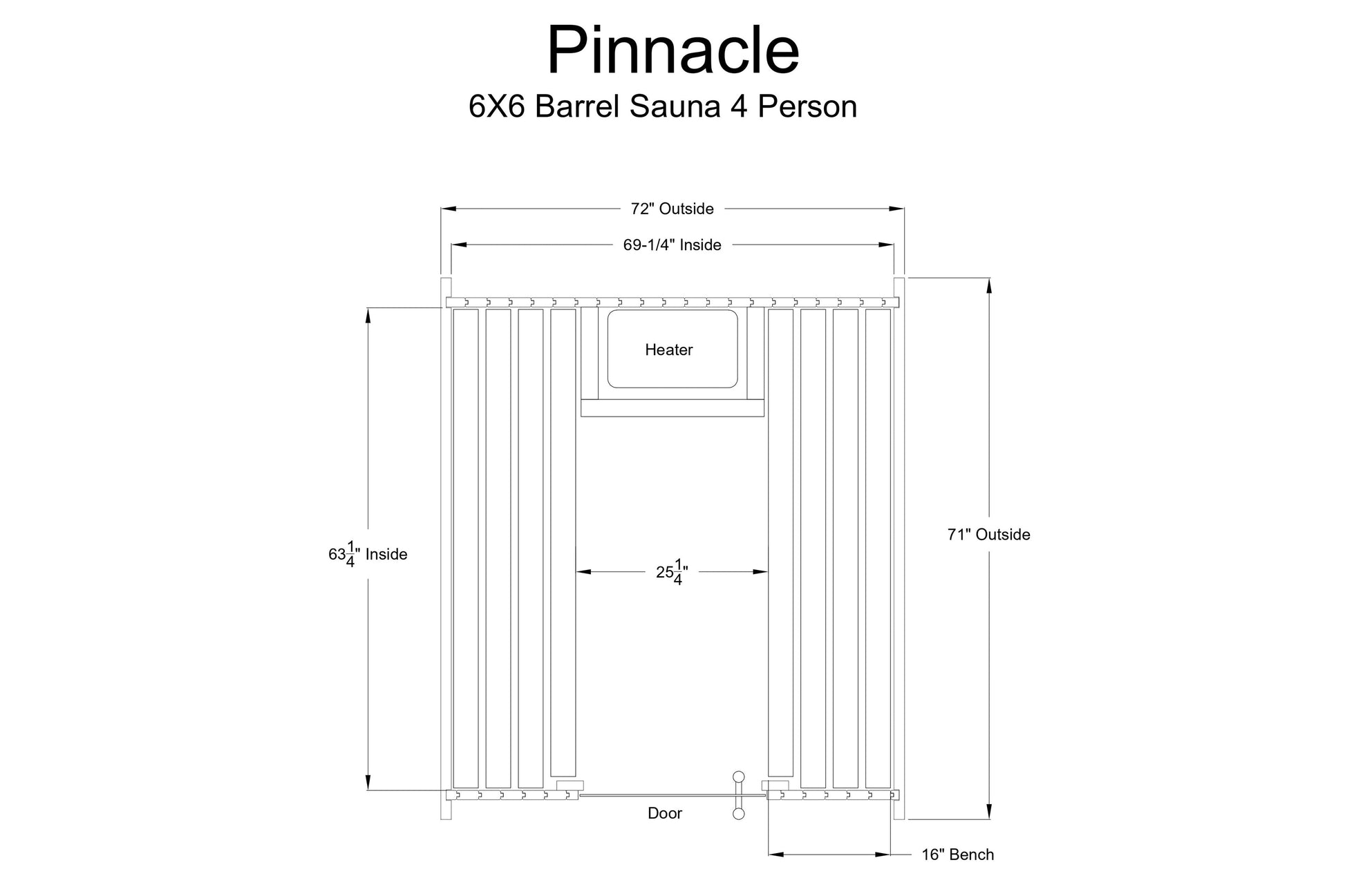 Pinnacle 6x6 barrel sauna interior schematic showing 72" outside width, 71" height, heater unit, door, and 16" bench with lab