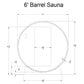 6-foot barrel sauna technical schematic with measurements, showing circular wooden sauna structure with rectangular interior 