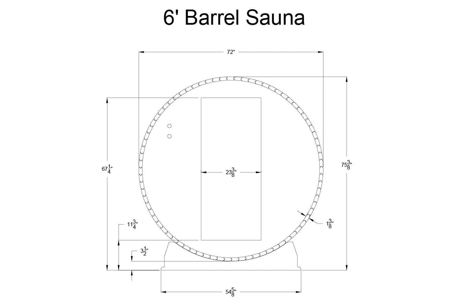6-foot barrel sauna technical schematic with measurements, showing circular wooden sauna structure with rectangular interior 