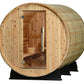 Cylindrical wood barrel sauna with light natural wood exterior, glass door showing interior benches and bucket, mounted on bl