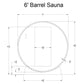Barrel-shaped sauna with curved cedar exterior, rectangular door opening, and front platform base shown in technical schemati