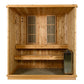 Natural pine wood sauna with two vertical infrared heating panels, wooden bench seating, and control panel on white backgroun