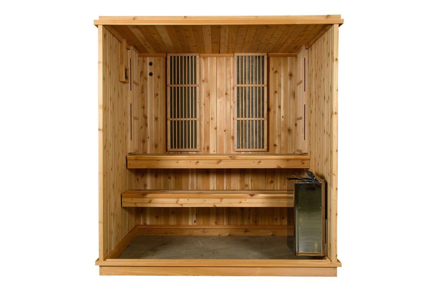 Natural pine wood sauna with two vertical infrared heating panels, wooden bench seating, and control panel on white backgroun