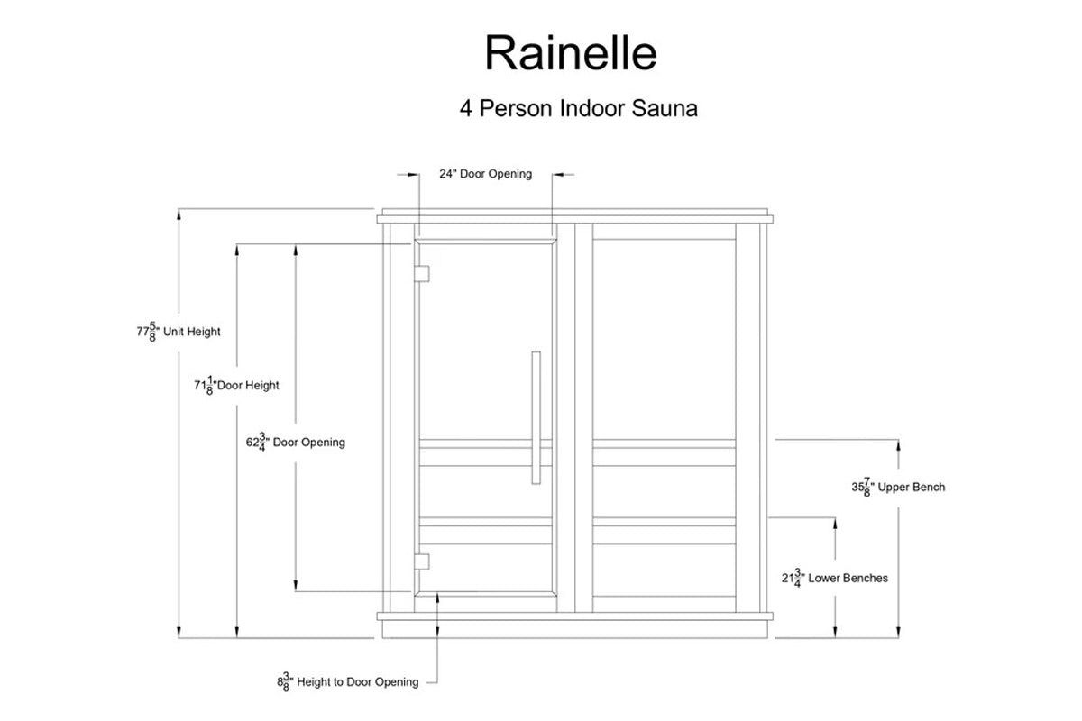Rainelle 4-person indoor sauna schematic showing dimensions including 24-inch door opening, 71.5-inch door height, and upper 