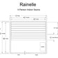 Rainelle 4-person indoor sauna floor plan showing horizontal wood benches, glass door, heater location, and interior dimensio