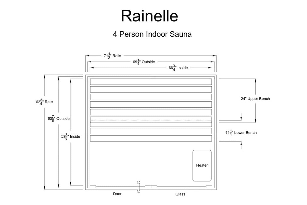 Rainelle 4-person indoor sauna floor plan showing horizontal wood benches, glass door, heater location, and interior dimensio