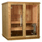 Cedar wood sauna cabin with glass doors, wooden benches, and stainless steel heater on white background