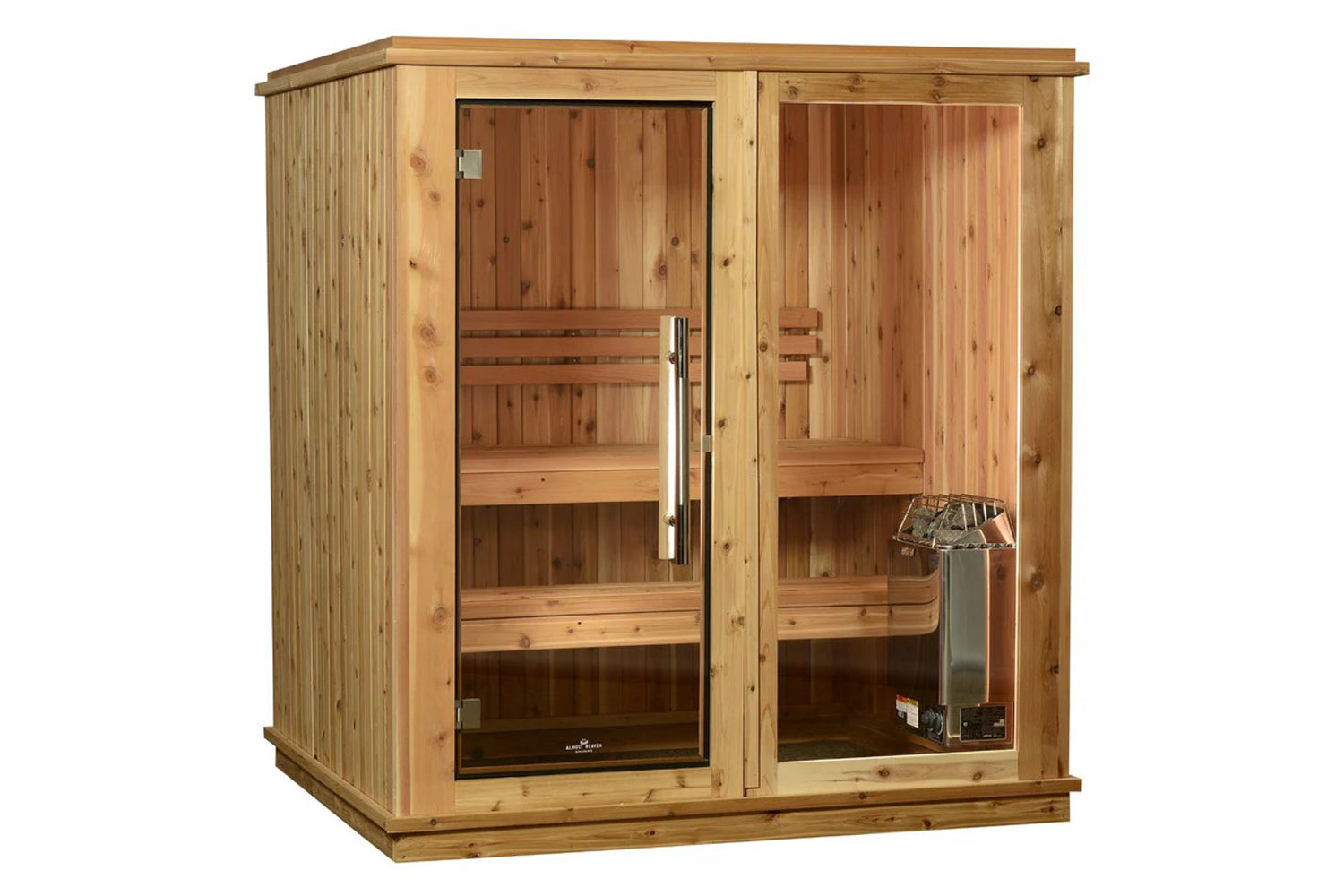 Cedar wood sauna cabin with glass doors, wooden benches, and stainless steel heater on white background