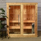 Almost Heaven Rainelle 4-person indoor sauna in light cedar wood with glass doors, wooden benches, and metal handles on gray 