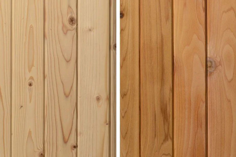 Light and medium brown wood plank finishes side-by-side comparison for sauna construction