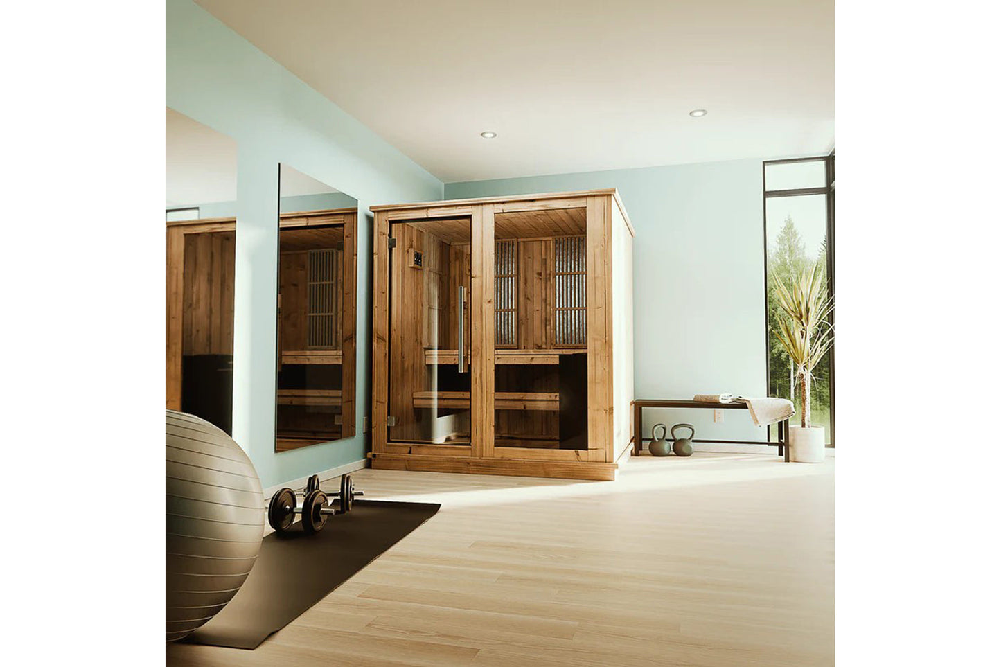 Almost Heaven Rainelle hybrid sauna with glass double doors and wood frame in mint green room with fitness equipment