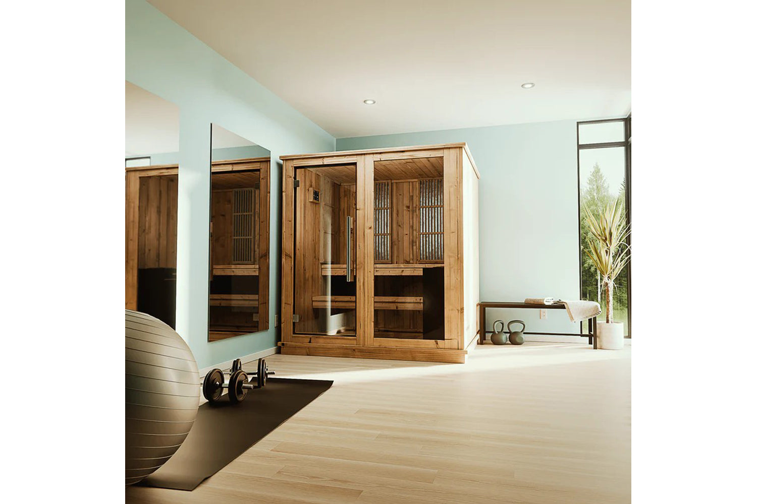 Almost Heaven Rainelle hybrid sauna with glass double doors and wood frame in mint green room with fitness equipment