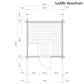 Technical blueprint of Saddle Mountain sauna showing front elevation with dimensions, horizontal slat design, and dual ventil